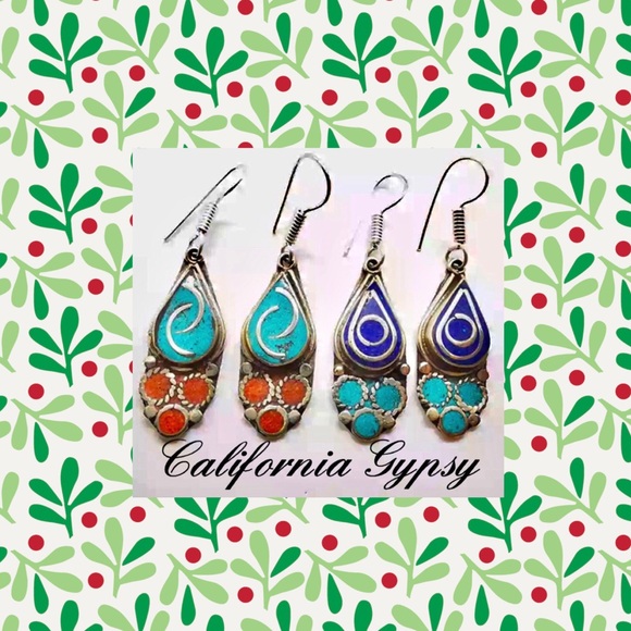 Silver Tibetan Coral Turquoise Earrings - Picture 2 of 3